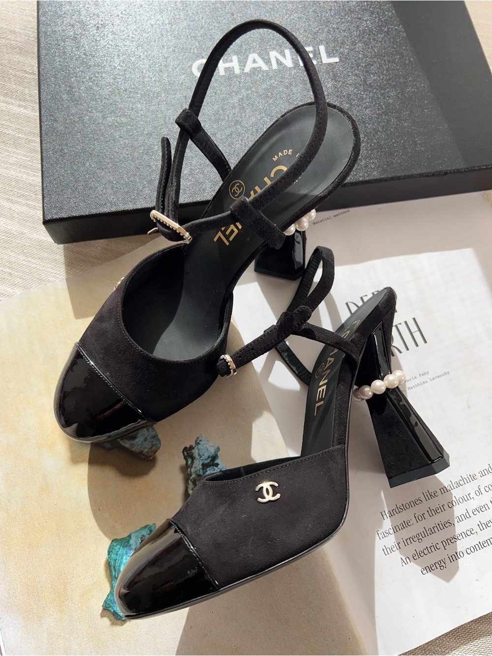 Chanel Black Suede Slingback Heels with Pearl Embellished - Picture 2 of 5